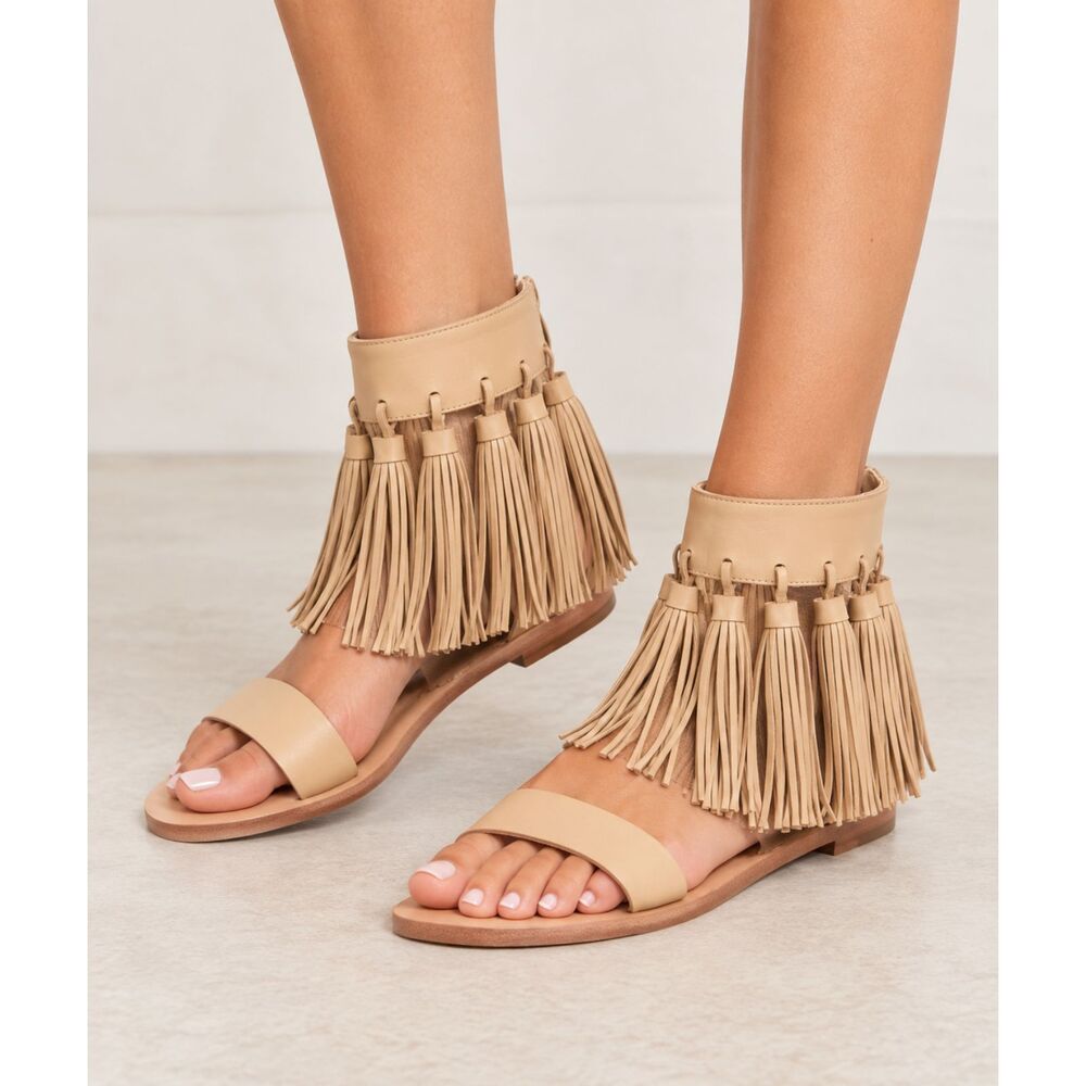 Loeffler Randall Women's Leather Fringe Tan Brown Sandals Shoes Size 5